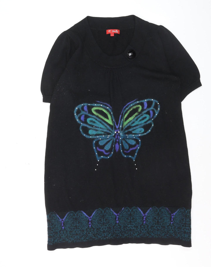 Derhy Women Black Wool Tunic Jumper L Butterfly Print Short Sleeve