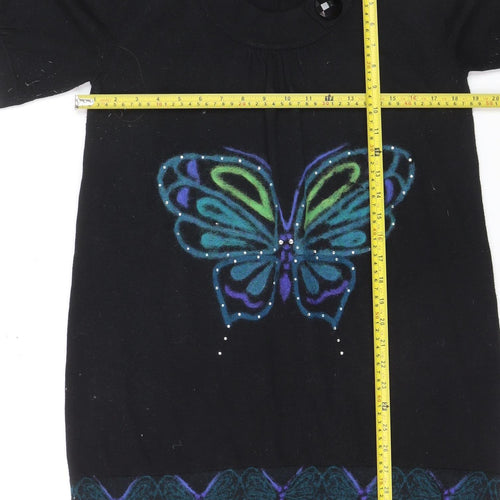 Derhy Women Black Wool Tunic Jumper L Butterfly Print Short Sleeve