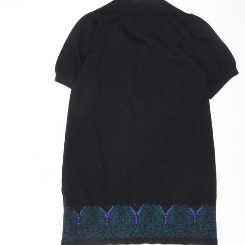 Derhy Women Black Wool Tunic Jumper L Butterfly Print Short Sleeve