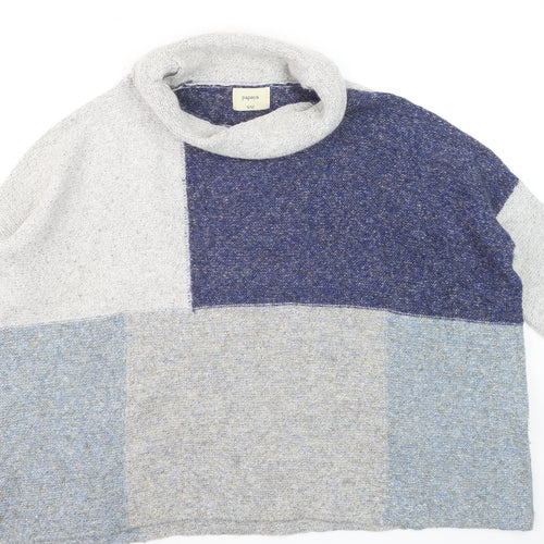 Papaya Women Blue Grey Block Roll Neck Wool Blend Jumper S/M