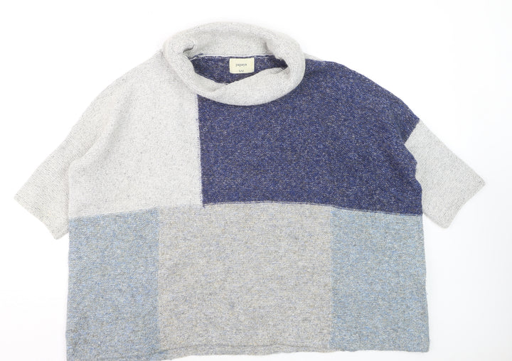 Papaya Women Blue Grey Block Roll Neck Wool Blend Jumper S/M