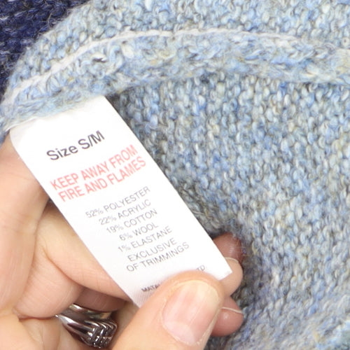Papaya Women Blue Grey Block Roll Neck Wool Blend Jumper S/M