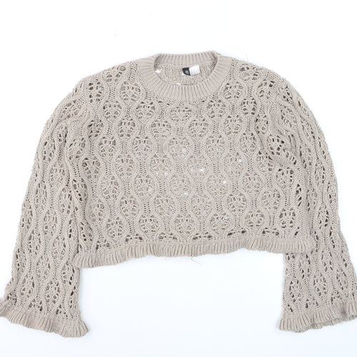 DIVIDED Womens Beige Open-Knit Ruffle Sleeve Cotton Jumper Size 12