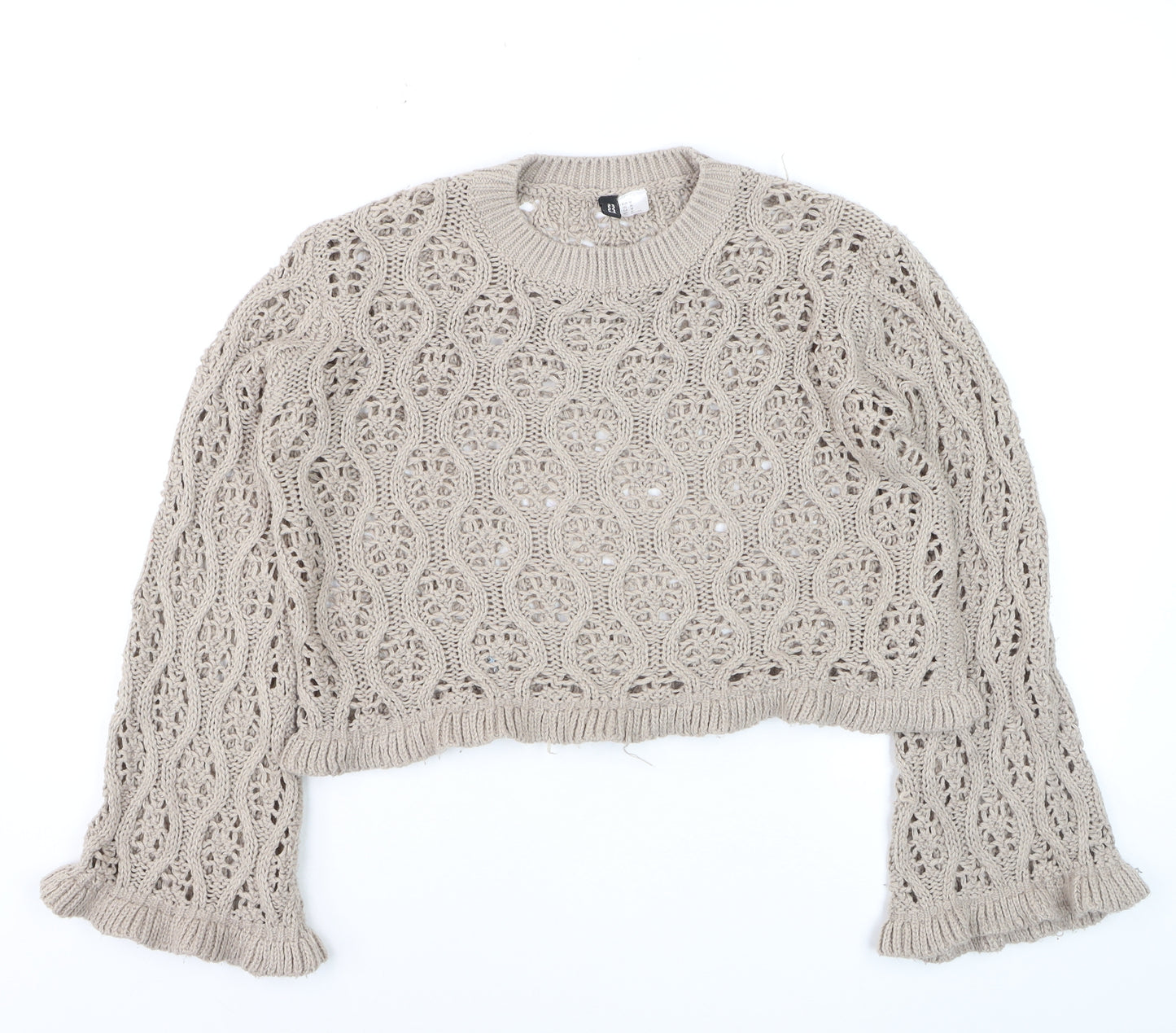 DIVIDED Womens Beige Open-Knit Ruffle Sleeve Cotton Jumper Size 12