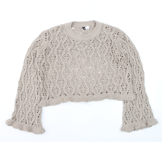 DIVIDED Womens Beige Open-Knit Ruffle Sleeve Cotton Jumper Size 12
