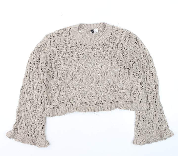 DIVIDED Womens Beige Open-Knit Ruffle Sleeve Cotton Jumper Size 12