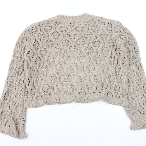 DIVIDED Womens Beige Open-Knit Ruffle Sleeve Cotton Jumper Size 12