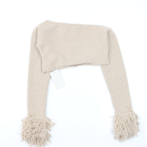 Musera Womens Beige Chunky Knit Fringe Shrug Jumper Size S