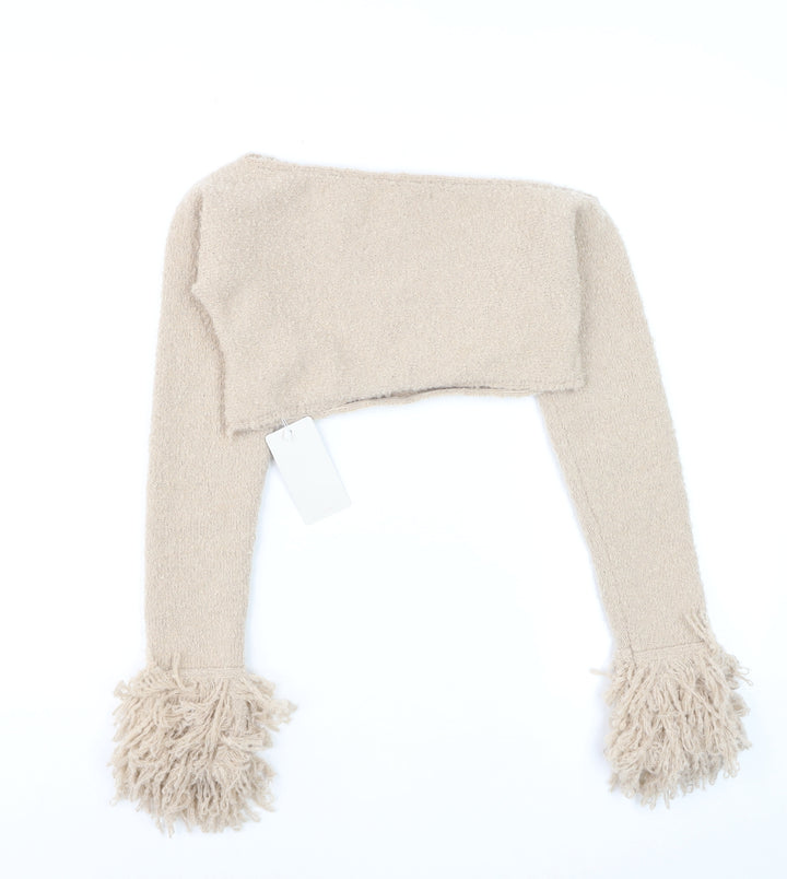 Musera Womens Beige Chunky Knit Fringe Shrug Jumper Size S