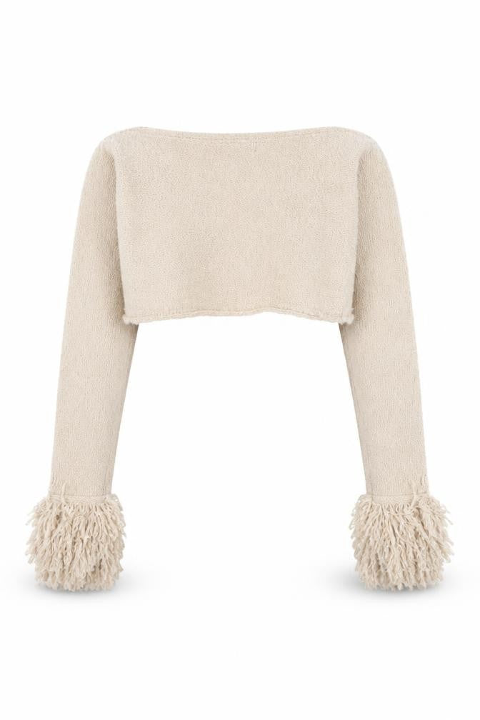 Musera Womens Beige Chunky Knit Fringe Shrug Jumper Size S
