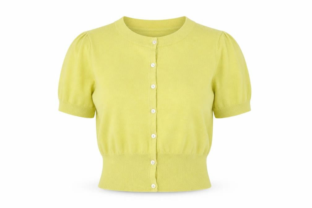 Front view of Fenn Wright Manson Women's Green Silk Blend Short Sleeve Cardigan, size 12
