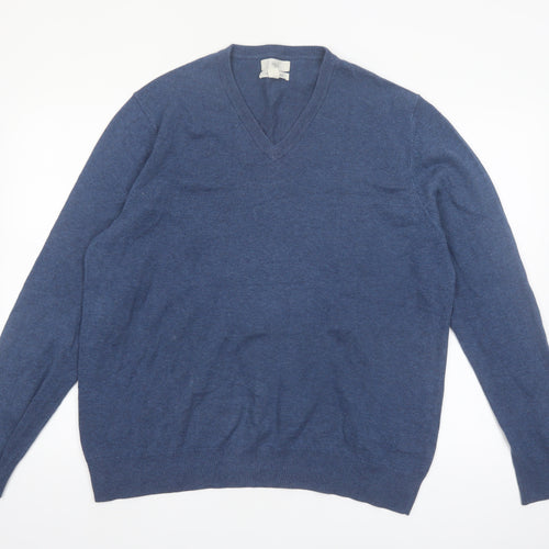 Marks and Spencer Men's Blue V-Neck Cotton Jumper XL