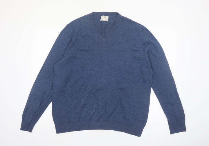 Marks and Spencer Men's Blue V-Neck Cotton Jumper XL