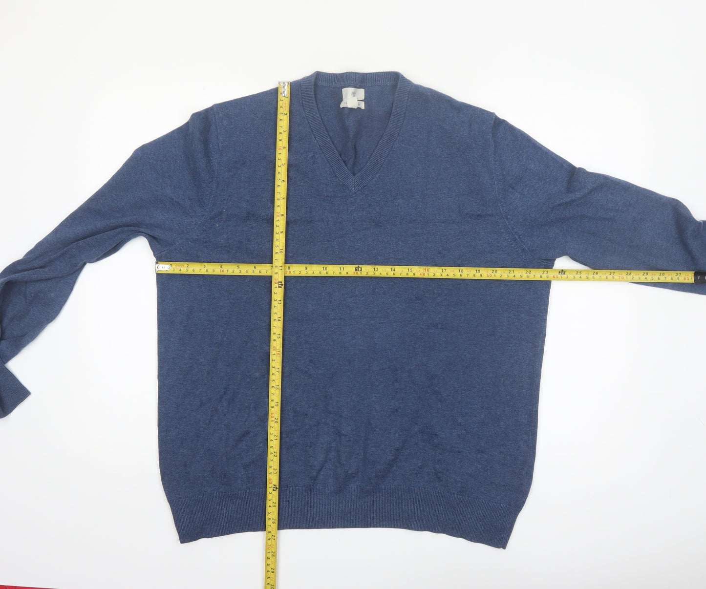 Marks and Spencer Men's Blue V-Neck Cotton Jumper XL