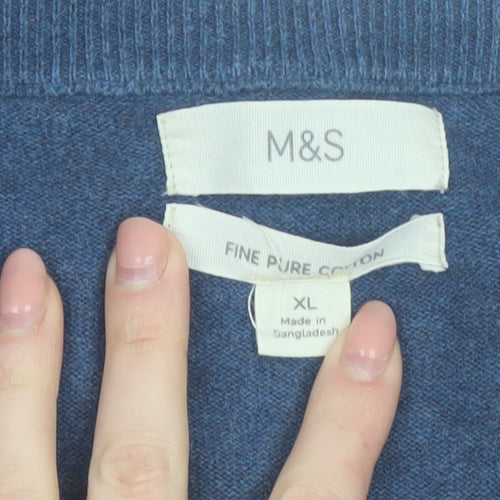 Marks and Spencer Men's Blue V-Neck Cotton Jumper XL