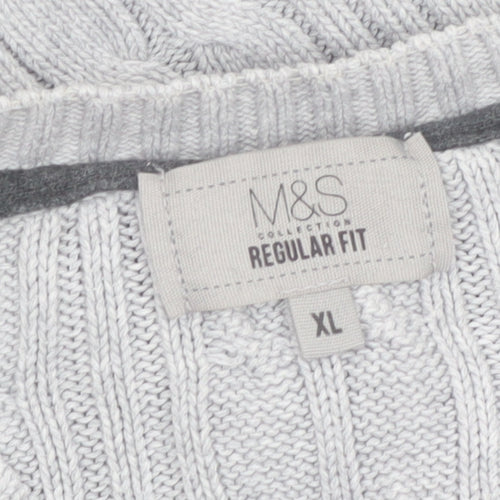 Marks and Spencer Men’s Grey XL Cable-Knit Cotton Crew Neck Jumper