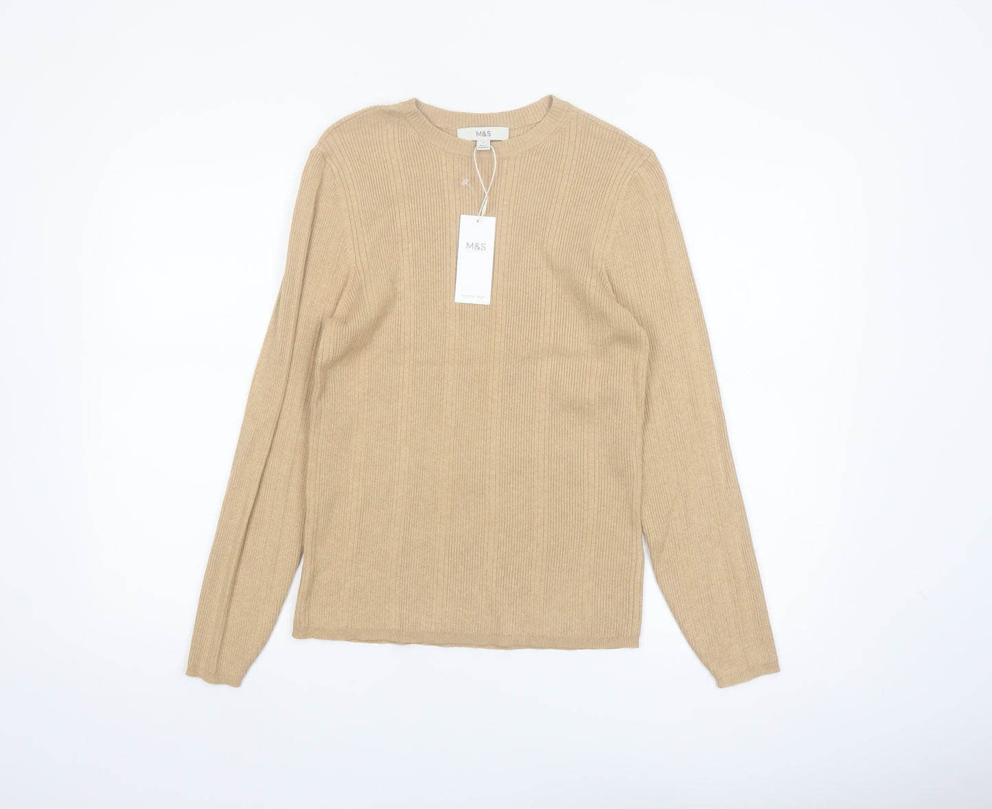 Marks and Spencer Womens Beige Size 16 Ribbed Knit Crew Neck Jumper