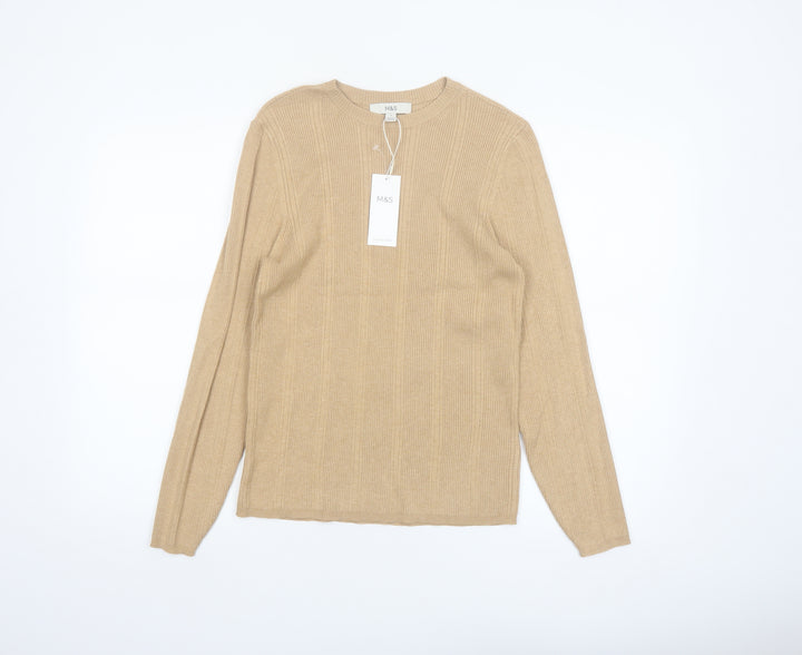Marks and Spencer Womens Beige Size 16 Ribbed Knit Crew Neck Jumper