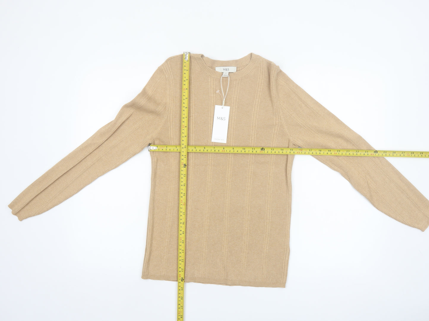 Marks and Spencer Womens Beige Size 16 Ribbed Knit Crew Neck Jumper