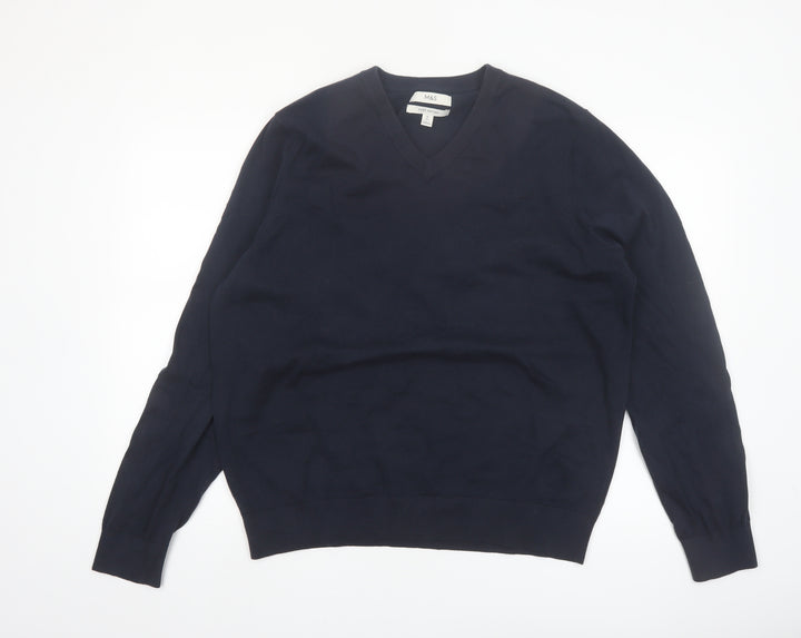 Marks and Spencer Men's Blue XL V-Neck Pure Cotton Jumper