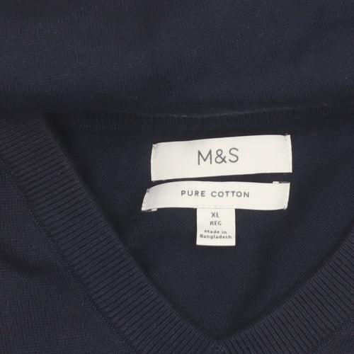 Marks and Spencer Men's Blue XL V-Neck Pure Cotton Jumper