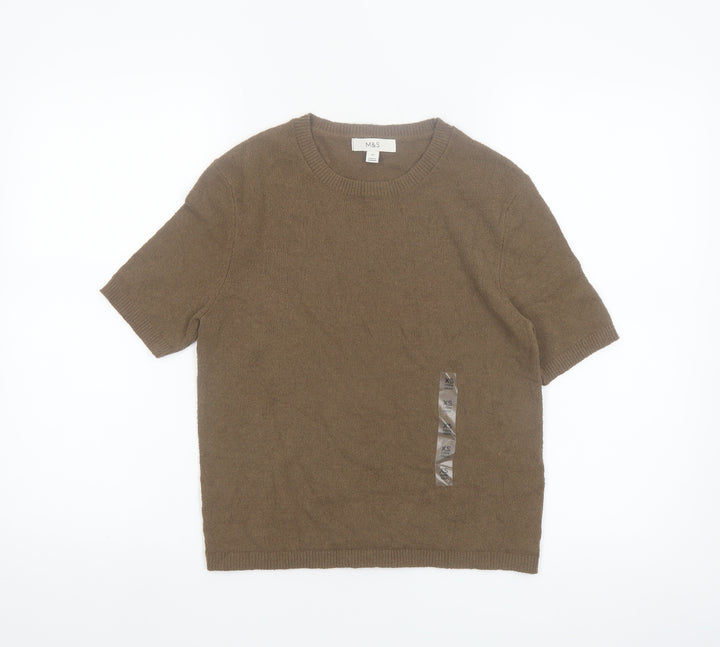 Marks and Spencer Women Brown XS Cotton Blend Crew Neck Short Sleeve Jumper