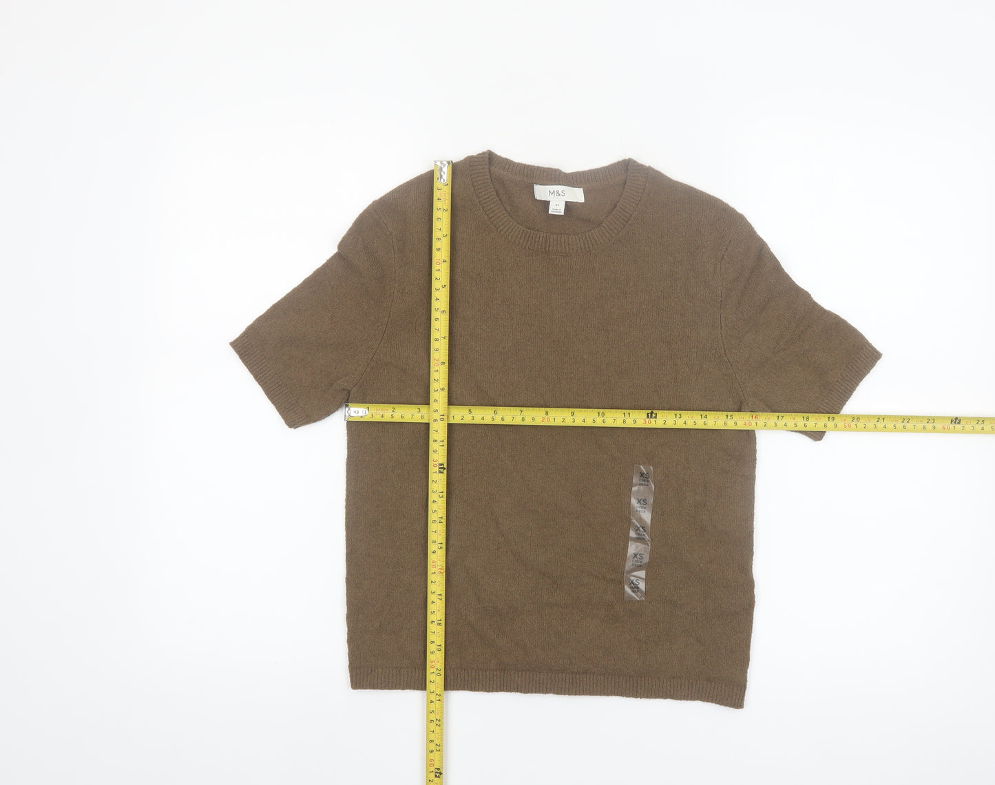 Marks and Spencer Women Brown XS Cotton Blend Crew Neck Short Sleeve Jumper
