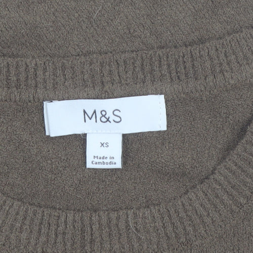 Marks and Spencer Women Brown XS Cotton Blend Crew Neck Short Sleeve Jumper