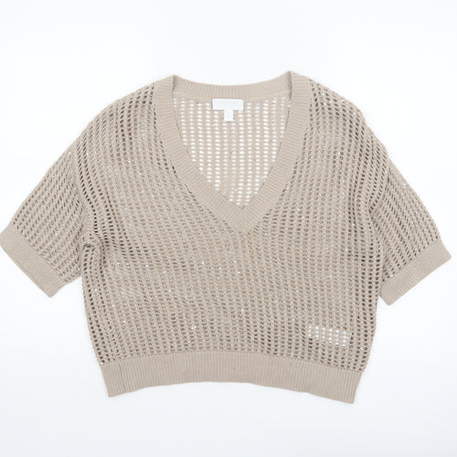 The White Company Women Beige Open-Knit V-Neck Jumper M Organic Cotton