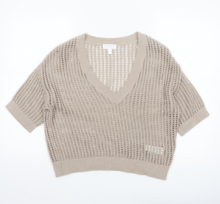 The White Company Women Beige Open-Knit V-Neck Jumper M Organic Cotton