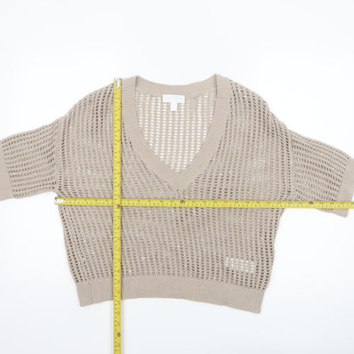 The White Company Women Beige Open-Knit V-Neck Jumper M Organic Cotton