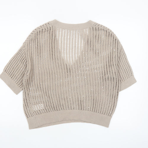 The White Company Women Beige Open-Knit V-Neck Jumper M Organic Cotton