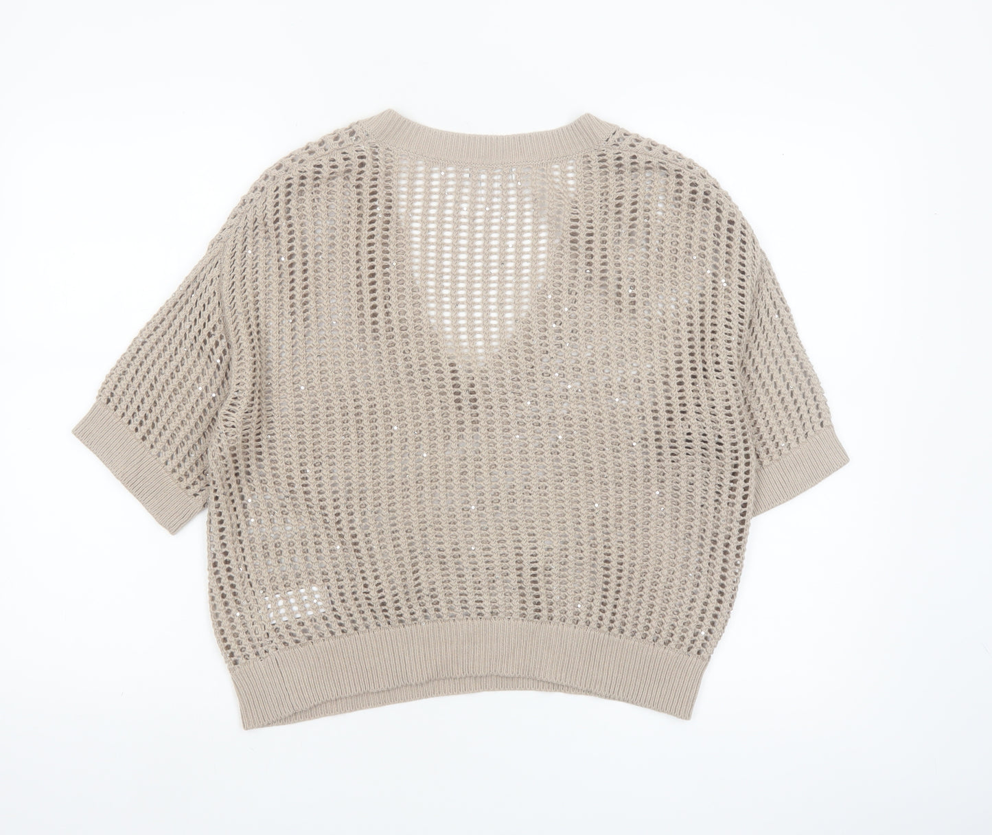 The White Company Women Beige Open-Knit V-Neck Jumper M Organic Cotton