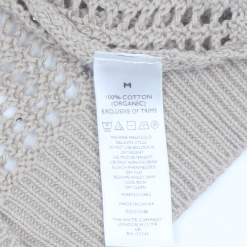 The White Company Women Beige Open-Knit V-Neck Jumper M Organic Cotton