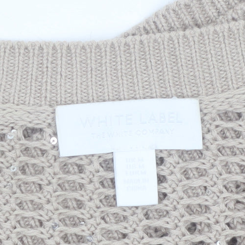 The White Company Women Beige Open-Knit V-Neck Jumper M Organic Cotton