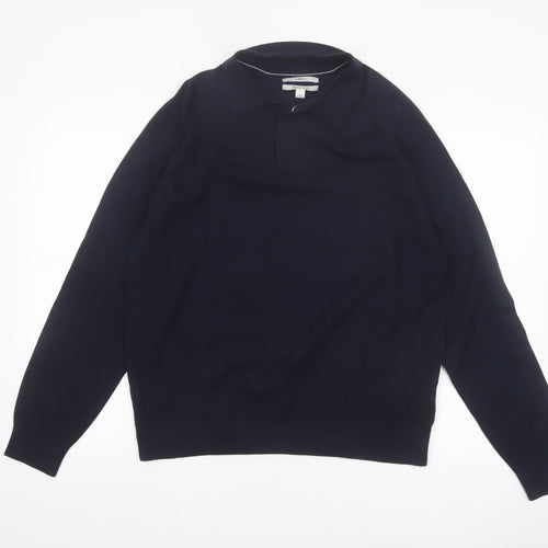 Marks and Spencer Men's Blue Collared Cotton Jumper L