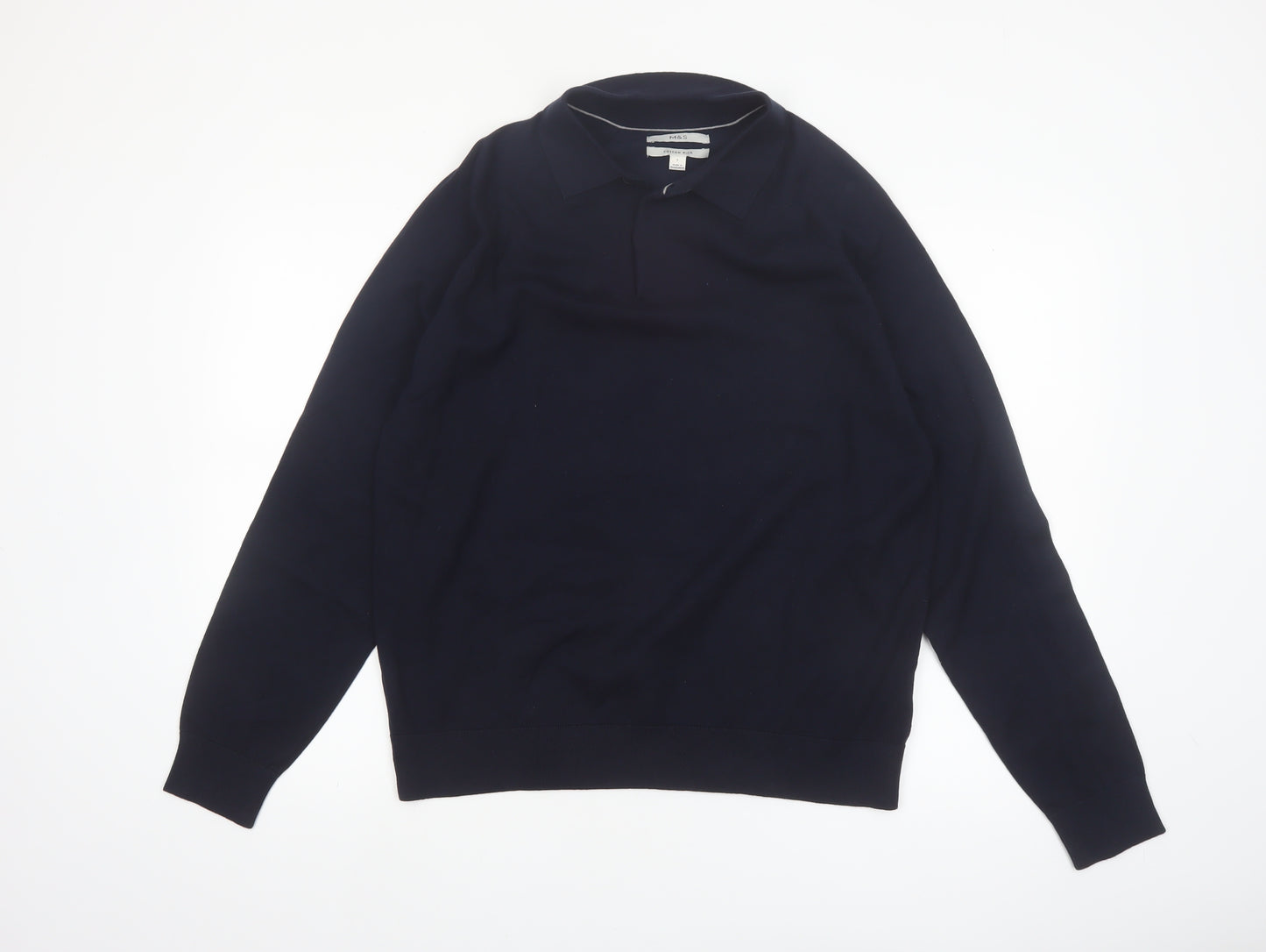 Marks and Spencer Men's Blue Collared Cotton Jumper L