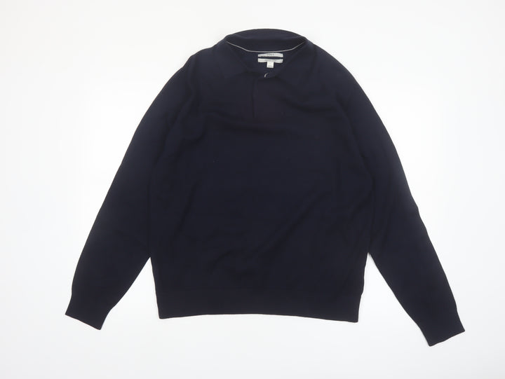 Marks and Spencer Men's Blue Collared Cotton Jumper L