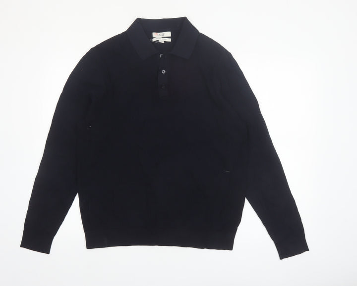 Marks and Spencer Men’s Black Cotton Modal Collared Henley Jumper L