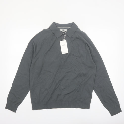 Marks and Spencer Men's Grey Cotton Collared Pullover Jumper M