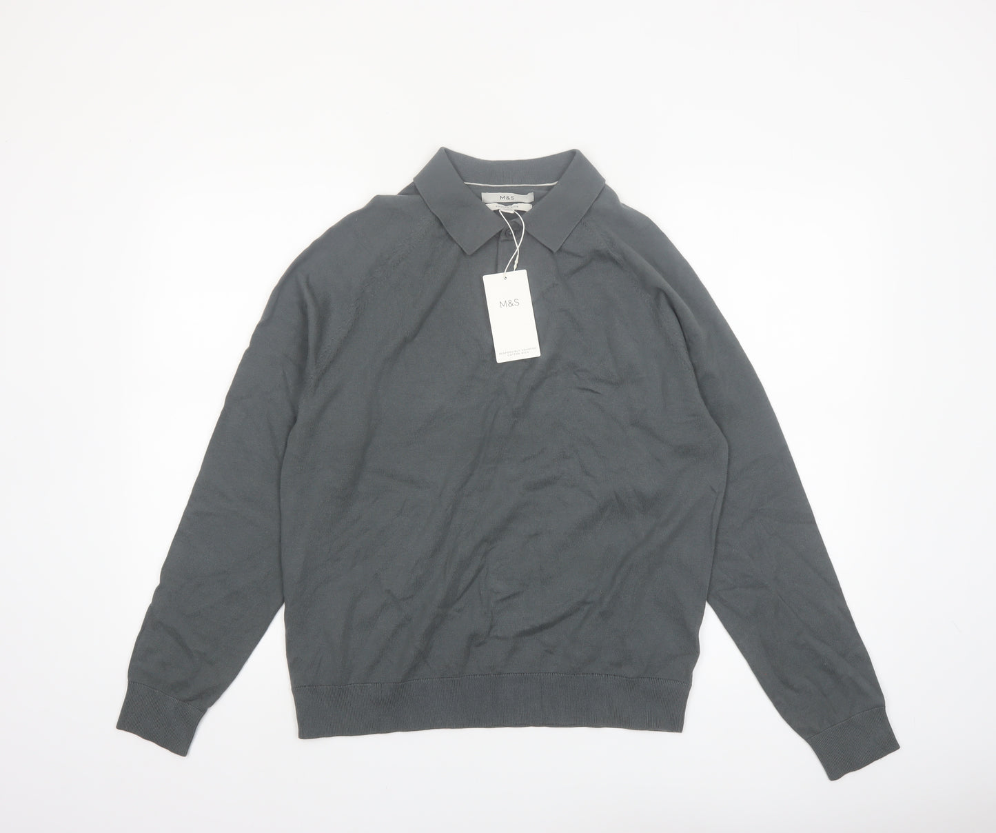 Marks and Spencer Men's Grey Cotton Collared Pullover Jumper M
