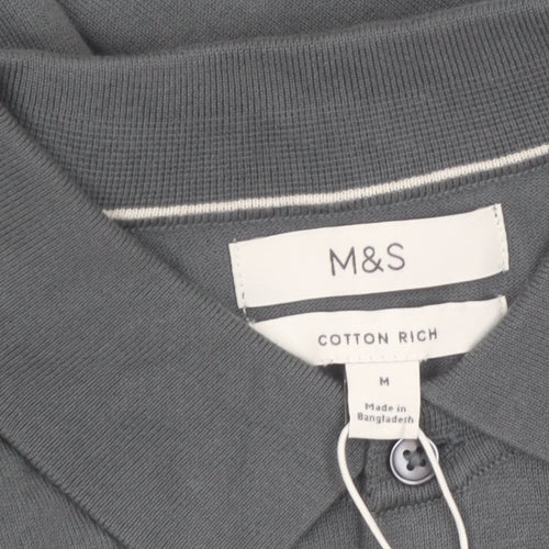 Marks and Spencer Men's Grey Cotton Collared Pullover Jumper M