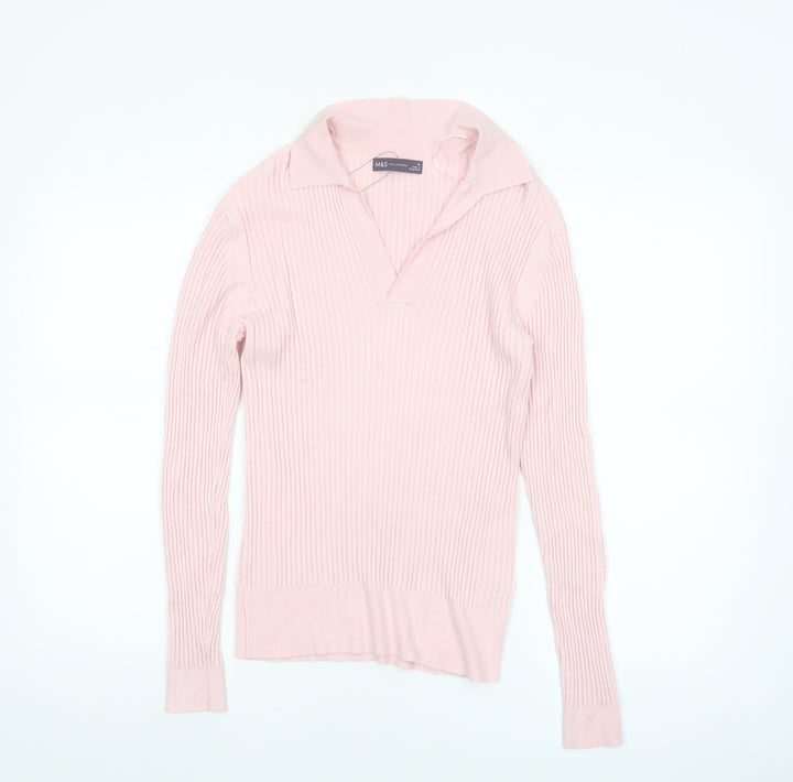 Marks and Spencer Women's Pink Collared Ribbed Pullover Jumper Size 10