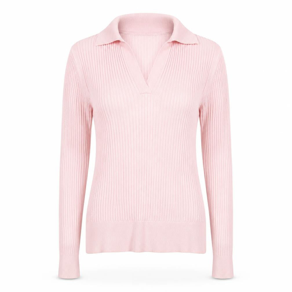 Front view of Marks & Spencer Women's Pink Collared Ribbed jumper, size 10