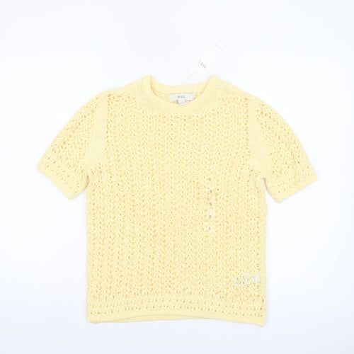 Marks and Spencer Women Yellow Crochet Short Sleeve Cotton Blend Top Size S