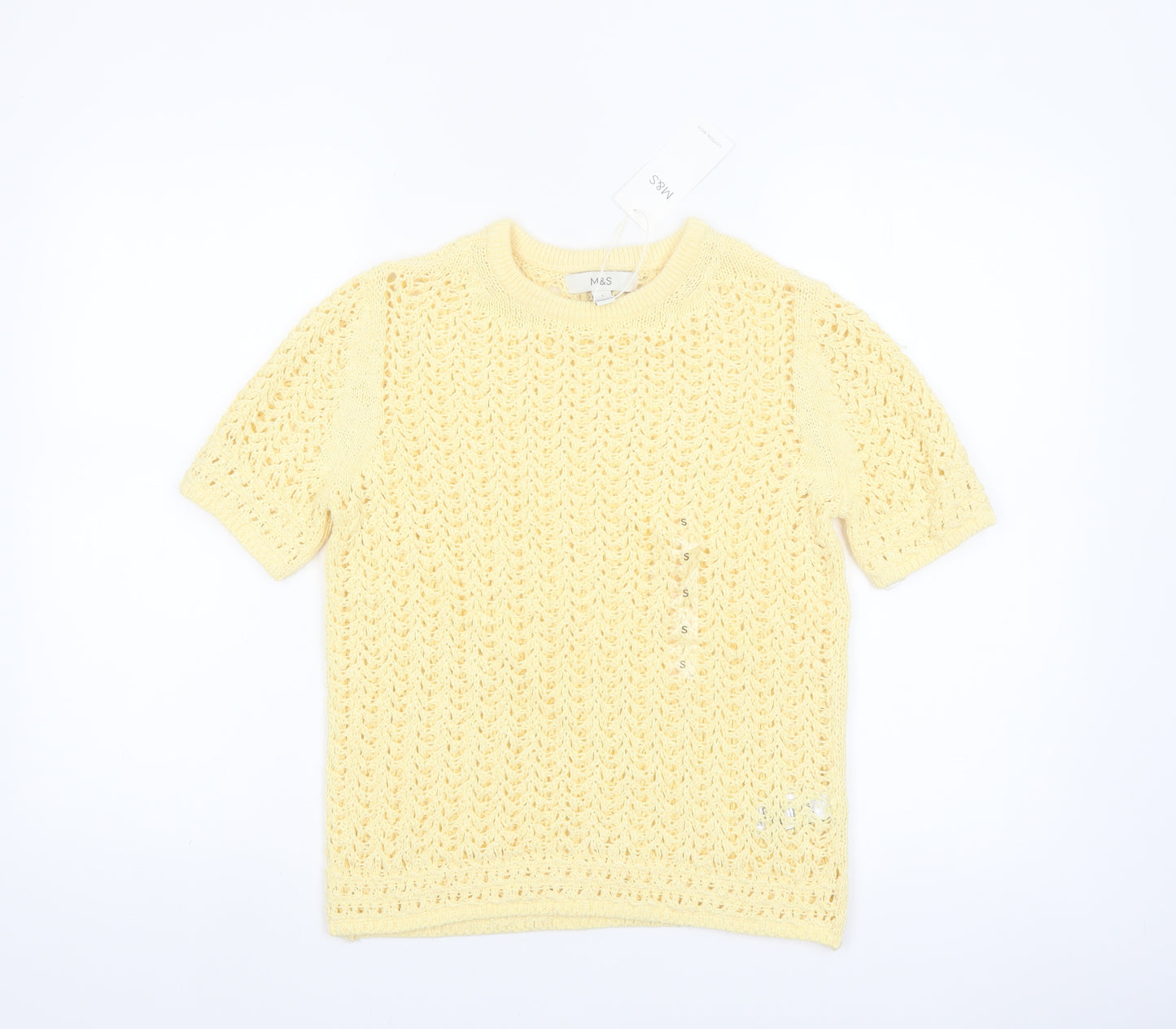 Marks and Spencer Women Yellow Crochet Short Sleeve Cotton Blend Top Size S