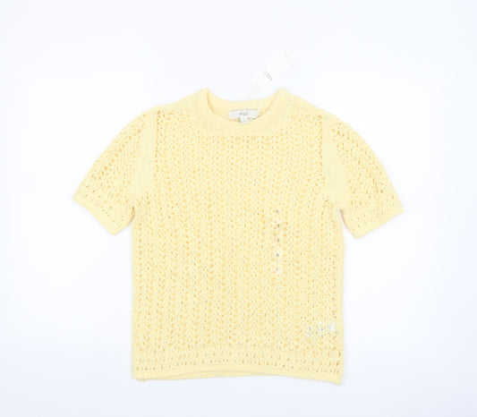 Marks and Spencer Women Yellow Crochet Short Sleeve Cotton Blend Top Size S