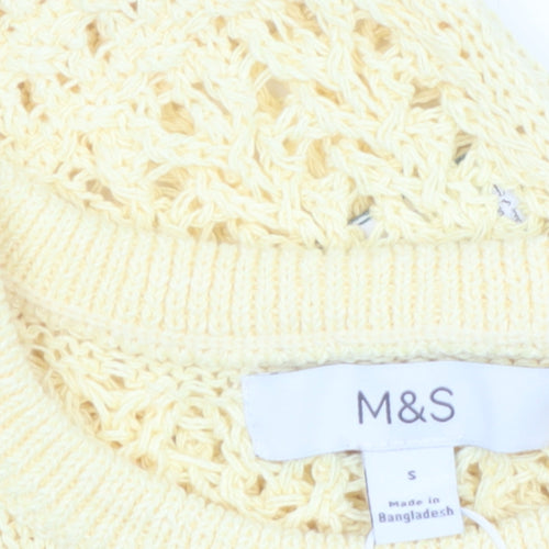 Marks and Spencer Women Yellow Crochet Short Sleeve Cotton Blend Top Size S