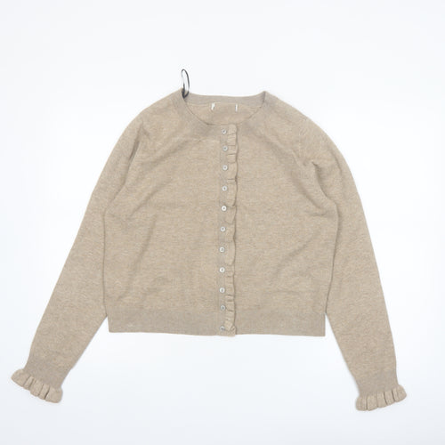 Marks and Spencer Women Beige Medium Ruffle Button Knit Cardigan