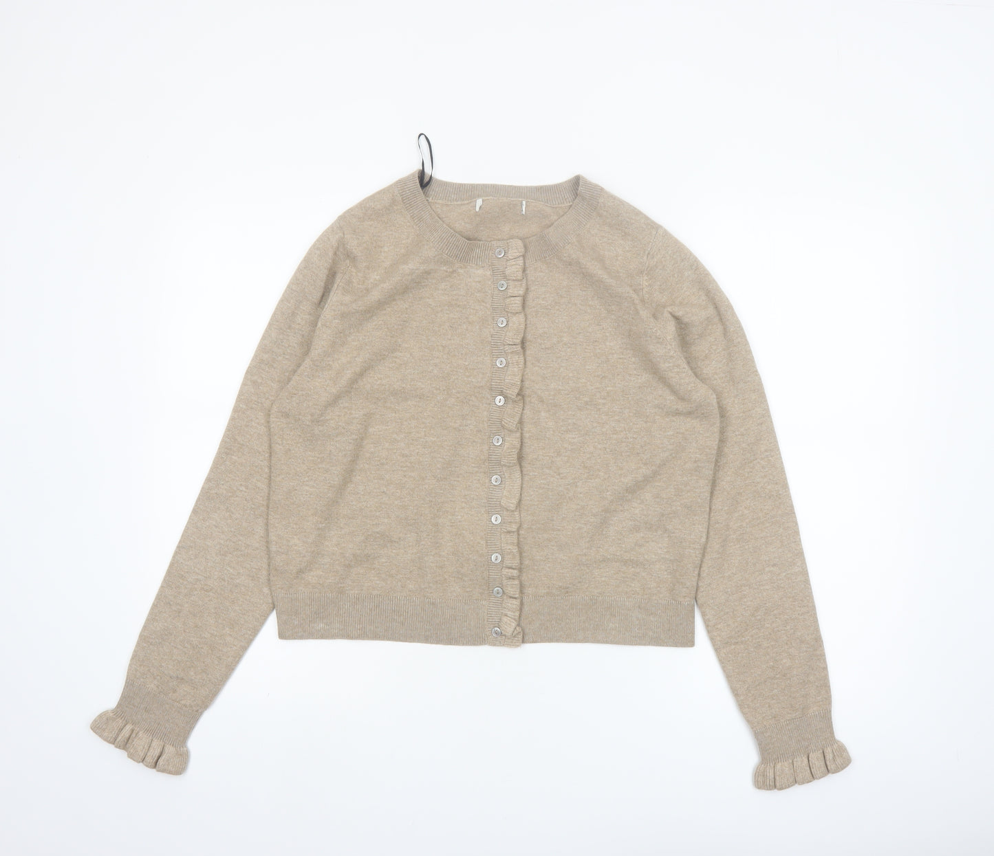 Marks and Spencer Women Beige Medium Ruffle Button Knit Cardigan
